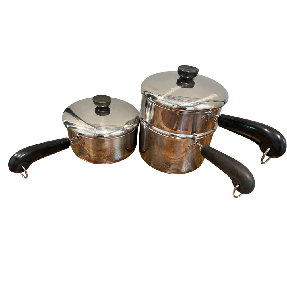 Revere Ware Copper Bottom 2Qt 3Qt Saucepan Set with Steamer Insert 5pc‎ USA